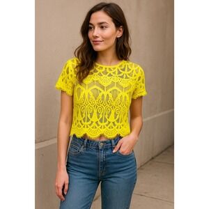 Decree Lace Crop Top Neon Yellow Short Sleeve Keyhole Back Women's L
